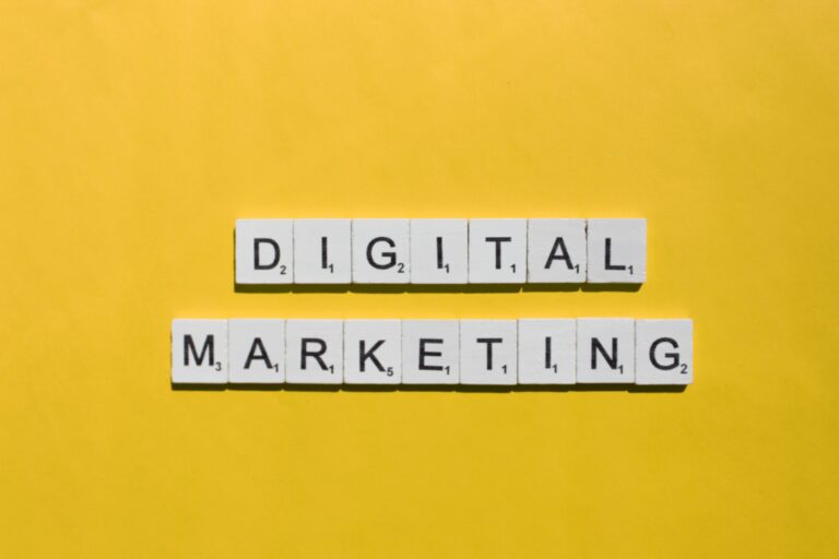 Digital marketing scrabble letters word on a yellow background